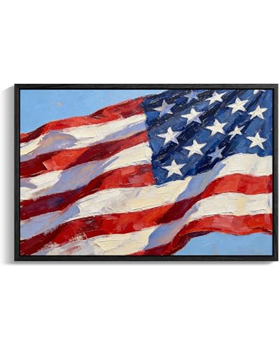 Image of American Flag Framed Canvas Wall Art, 4th of July Red White Blue Canvas Prints, USA Flag with Picture Patriotic Decorations, Modern Independence Day Wall Decor for Bedroom Living Room Office 24x36