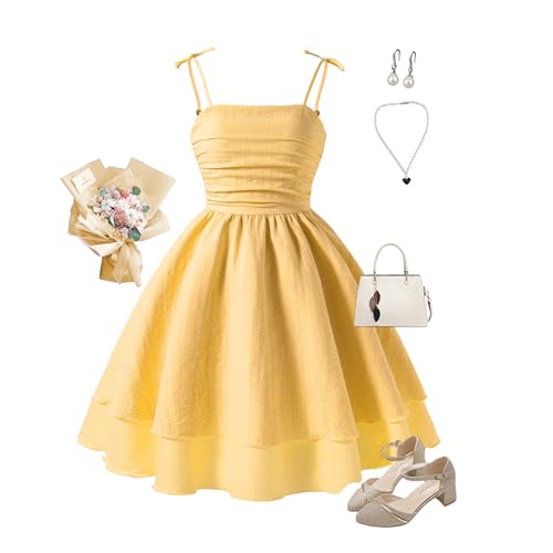 Girl's Spaghetti Strap Smocked Ruched A Line Swing Layered Beach Sundress4