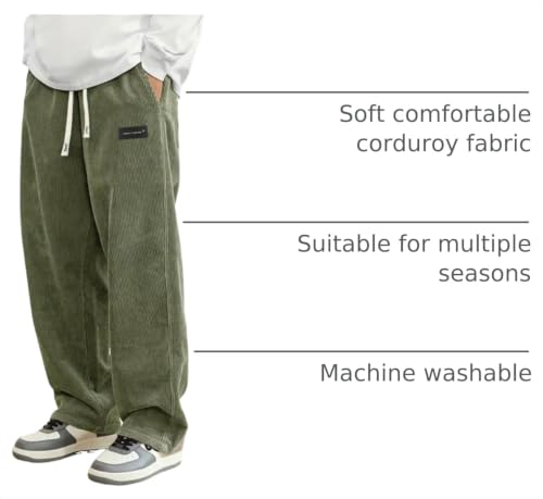 Image of Hidkat Mens Corduroy Casual Pants Fashion Loose Fit Wide Leg Pants Straight Sweatpants Elastic Waist Drawstring