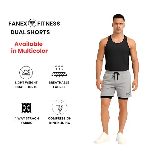 Image of Men's 2 in 1 Active Dual Shorts with Inner Tights Layer & Compression Liner, Double Layer Athletic Short for Running, Gym & Sports