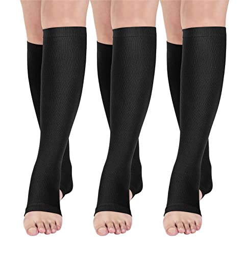 Open toe Toeless Compression Socks 3 Pairs for Women& Men 15-20 mmHg Knee High Toeless Support Stockings Hose Athletic Running Travel Pregnancy(L/XL, Black)