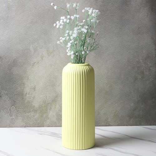 Image of KREATIVE ART'S Modern Ribbed Design Ceramic Flower Vase for Living Room, Flower Pots for Artificial Flower, Home Decoration Item, Home Decor, Vases for Living Room (Yellow, Large)