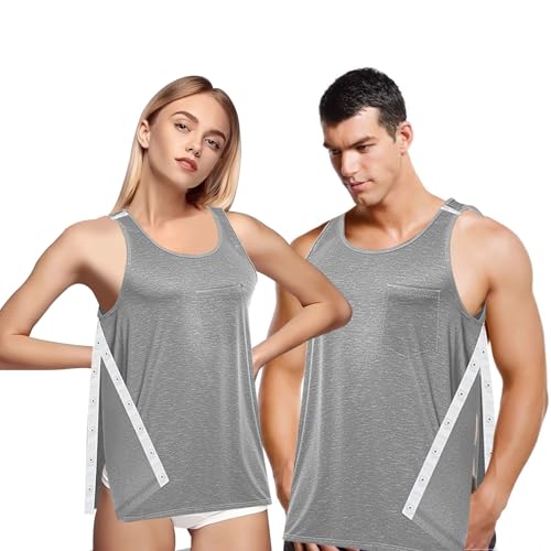 ovand Unisex Shoulder Snap-Access Tank Tops Post Surgery Shirts Tear Away Chemo Shirt Clothes After Rotator Cuff Surgery (US, Alpha, Large, Regular, Regular, Gray)
