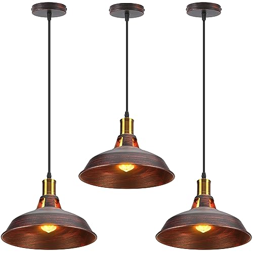 TOKIUS Lámpara Colgante Vintage, Ø27cm Lámpara de Techo Retro de Metal Industrial E27 Lámpara Araña para Comedor Cocina Restaurante, 1m Cable (Cobre Oxidado, 3 Piezas)