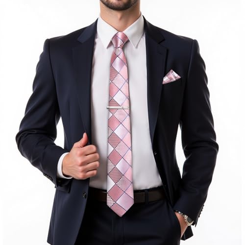 Image of DiBanGu Plaid Ties for Men Silk Checkered Necktie and Pocket Square Cufflinks Tie Clip Set with Gift Box for Wedding Business