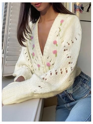 Image of MakeMeChic Women's Floral Embroidery Sweater Cardigan Button Down Long Sleeve Crop Outerwear