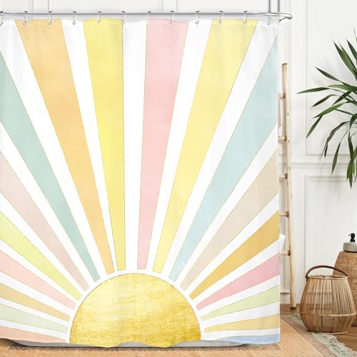 Miyotaa Colorful Sun Watercolor Shower Curtain Set 60Wx71H Inches 70s