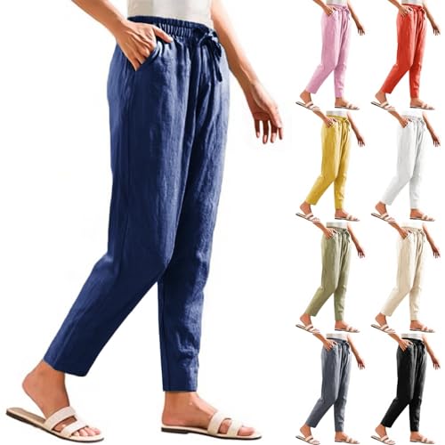 Women Cropped Linen Pants Lightweight Summer Drawstring Pant Petite Length Straight Leg Tapered Pants with Pockets