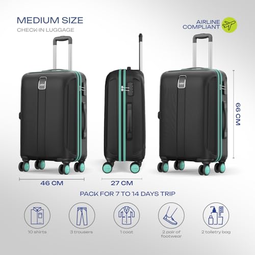 Image of Safari Medium Thorium Neo 8 Wheels 66 Cm Check-in Trolley Bag Hard Case Polycarbonate 360 Degree Wheeling System Luggage, Trolley Bags for Travel, Suitcase for Travel, Black
