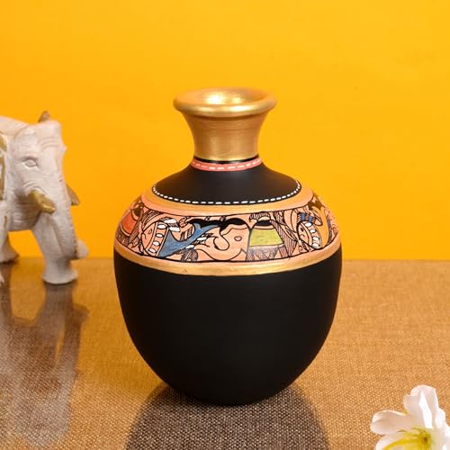 Image of Aakriti Art Creations Handcrafted Black Madhubani Terracotta Vase (6x4 HxD)| Traditional Hand-Painted Flower Vase| Matte Finish Decorative Vase for Living Room Decor, Table Decor,Shelf Decor & Gifting