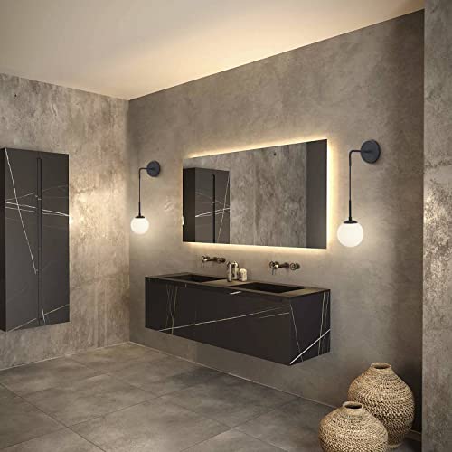 Image of KCO Lighting Frosted White Glass Wall Sconce Set of Two Black Globe Ball Wall Light Adjustable Cord Industrial Vanity Wall Lamp for Bathroom Mirror Bedside Stairs (White)