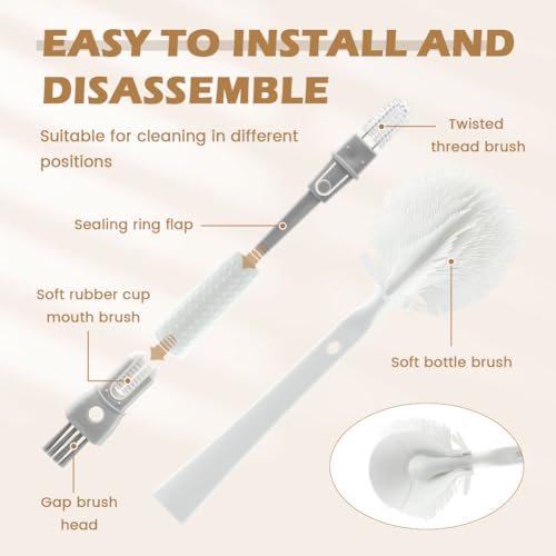 Image of Bottle Brush Set,5-in-1 Water Bottle Cleaner Brush,Long Handle Bottle Cleaning Brush,Straw Brush for Stanley,Removable Nipple Brush,Detail Brush for Cup Lid Gap Cleaning Supplies