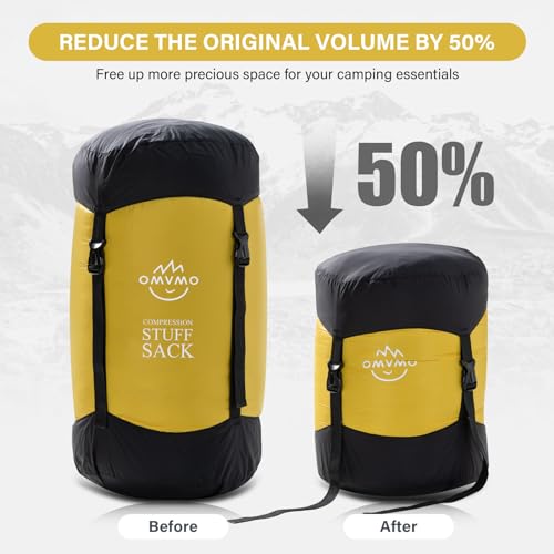OMVMO Sleeping Bag Stuff Sack, 11L/18L/30L/45L/52L Water-Resistant Compression Sack,Anti-Tear Ultra Light Nylon Storage Bag，Black/Yellow/Orange/Dark Blue/Dark Green/Sky Blue (Yellow, XXL/53L) - Thumbnail 3