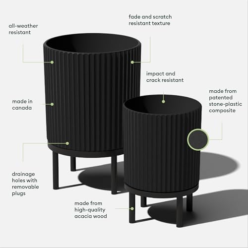 Image of Veradek Demi Series Raised Duo Planters - Set of 2 Planters with Stands | Made From a Durable Plastic-Stone Composite & Comes With Wooden Stand. Modern Porch /Patio Decor