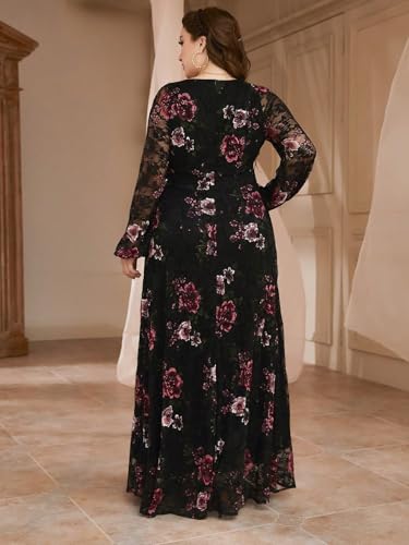 Image of Spring Summer 2024 Plus Size Womens Dresses V Neck Casual Elegant Long Sleeve Floral Print Maxi Dress