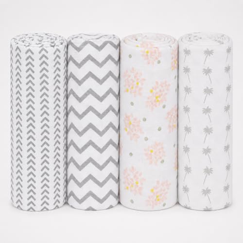 Image of Pure Cotton Muslin Baby Swaddle Blanket for Newborn Baby - Super Soft Wrapper Cloth & Nursing Cover, Gentle on Baby Skin (120 x 120 CM) Pack of 4|Grey Zig & Half Zig & Leaf DOT & Coconut