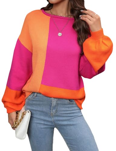 Kinghua Sweaters for Women Fall Winter Colorful Crewneck Ribbed Loose Fit Color Block Pullover Patchwork Knit Sweater Tops