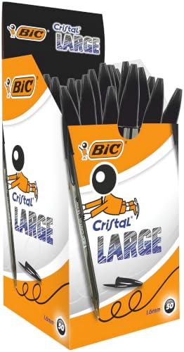 BIC Cristal Large Ballpoint Pens Every-Day Biro Pens with Wide Point (1.6 mm) Ideal for School Black Ink Pack of 50