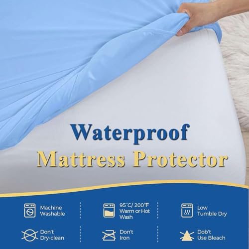 Image of Waterproof Soft Non-Woven Mattress Protector for Bed in Size 78 inchx66 inch |Breathable Elastic Fitted Mattress Cover for 10-Inch Deep Mattresses - Blue