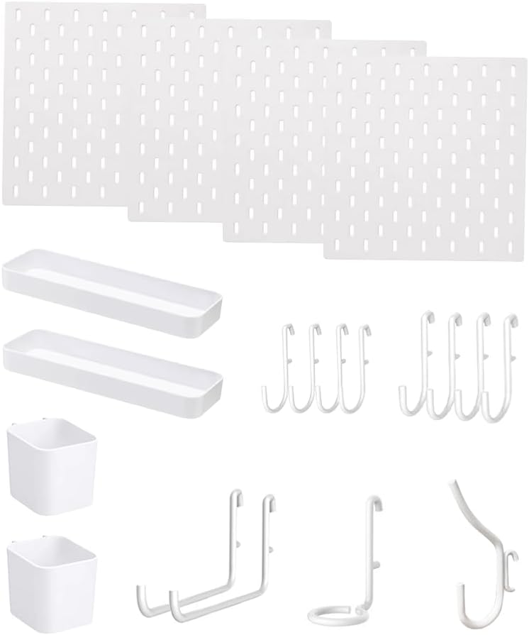 Folews 4 Pack Peg Board Kit, Plastic Pedboard Organizer with Hooks and Cups Accessories Pegboard Wall Organizer for Kitchen Office Craft Room Garage Organization, White