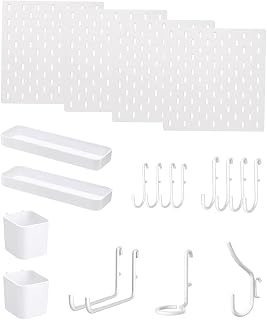 Folews 4 Pack Peg Board Kit, Plastic Pedboard Organizer with Hooks and Cups Accessories Pegboard Wall Organizer for Kitchen Office Craft Room Garage Organization, White