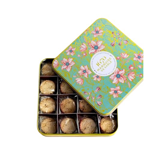 Marquise de Sablé | Confezione Biscotti in metallo 400 g con sablés al burro assortiti | Classici, cioccolato, caramello salato e albicocca | Latta decorativa floreale | Selezione 18 Carati