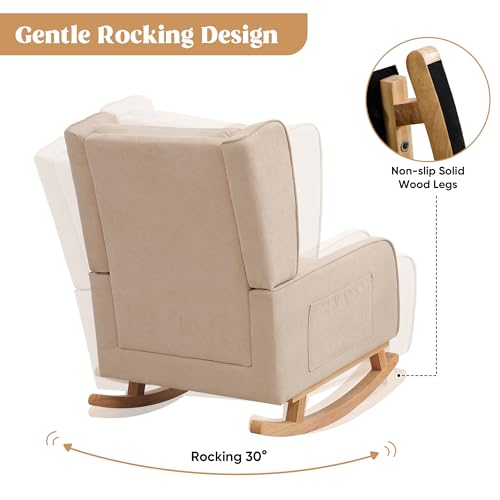 Image of HCHAIRH Nursery Rocking Chairs, Rocking Chair Nursery for Mom Nursery Rocker with High Backrest and Solid Wood Legs, Khaki Modern Wingback Accent Chair for Reading Living Room Bedroom