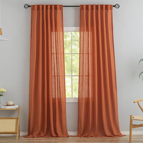 Terracotta Burnt Orange Linen Back Tab Curtains 96 Inches Long 2 Panels Set for Modern Farmhouse - Hooks Belt Pleated Easy Sliding Semi Privacy Thick Decor Drapes Pocket Light Filtering Curtains by DONREN - Used condition - US$26.34