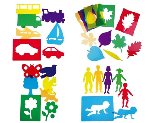 Henbea Set 24 Plantillas Traslúcidas Accesorios Mesa de Luz Montessori para Pintar Dibujar Niños Stencils formas Familia Transporte Arboles Hojas Parque (4 x 6uds c/u)