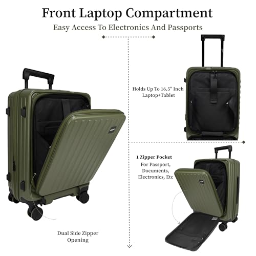 Image of F Gear Montreal Small Cabin Pro 54cm German Polycarbonate Hard Luggage |8 Japanese Hinomoto Silent Wheels|USB & Type-C Charging | Front Opening Suitcase for Travel (Army Green)