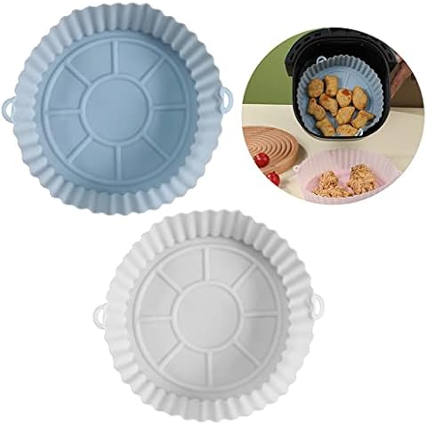 JINGYUANUS 2 Pack Air Fryer Silicone Pot 7 Inch, Reusable Round Liners, Replacement of Parchment Paper Liners Accessories, Food Safe Baking Pans for Microwave, Oven(White, Blue) Cover