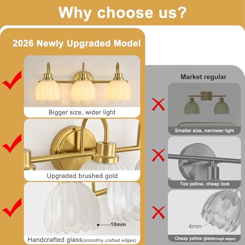 Image of Bathroom Light Fixtures (3-Light, 20 Inch), Brushed Gold Vanity Lights for Bathroom with Ribbed Milk Tulip Glass Shade, Vintage Vanity Wall Lights for Mirror Bedroom Living Room Hallway