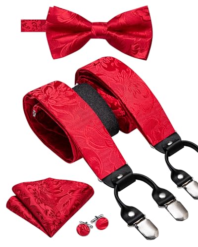 Dubulle Mens Clips Suspenders and Pretied Bowtie Set Y Shape Adjustable Paisley Checks Braces Pocket Square Red