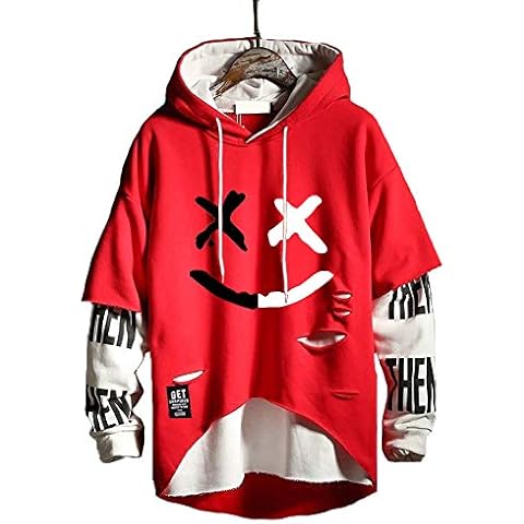 Hello MrLin Men's Techwear Hip Hop Hoodie Japanese Streetwear Patchwork Urban Jumper, Red, L Cover
