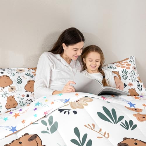 Image of Feelyou Capybara Bedding Set Queen Size, Cute Capybara Comforter Set for Kids, Toddler, 3 Pieces, Multicolor, Microfiber, Modern Animal Theme