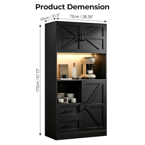 Image of 67.72 inch Tall Kitchen Pantry Cabinet with LED Light & Charging Station, Modern Kitchen Hutch with Microwave Stand, Countertop, Doors & Adjustable Storage Shelves, Black