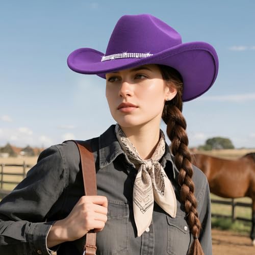 Image of DRESHOW Glitter Cowboy Hat Classic Western Rhinestone Cowgirl Hat Outdoor Wide Brim Retro Felt Fedora Hats Rolled up Caps