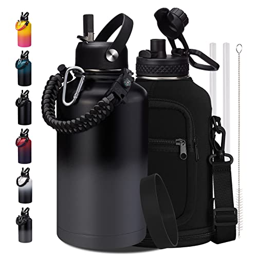 64OZ Insulated Sports Water Bottle - Large Half Gallon Stainless Steel Flask Water Bottles 64 oz, Leak Proof, Double Walled, BPA Free, Sweat-Proof Water Jug with Straw, Keep Cold-48H & Hot-24H
