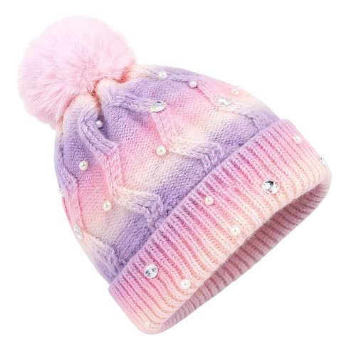 PinkSheep Toddler Winter Hat, Cute Girls Warm Beanie with Pom Pom and Fleece Lined Winter Hats,Fashion Kids Knit Beanies Cap Pearl
