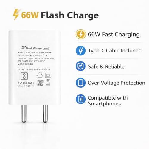 Image of 66W Flash Charging Adapter with Flash Cable | Vivo-Compatible Fast Charging | 6 Months Warranty | Compatible with Vivo X21,X50 Pro,X60 Pro,X70, V25 Pro, V27 Pro, V29e