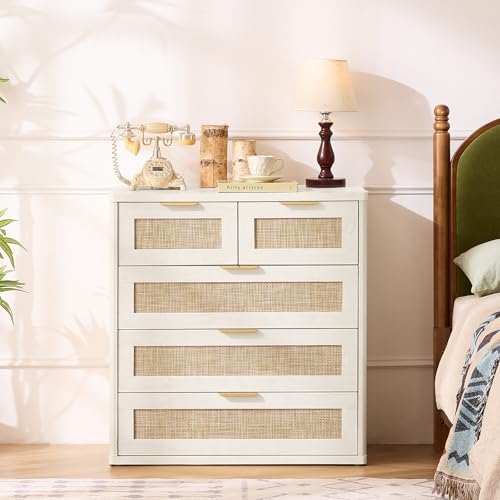 Image of LEYAOYAO White Dresser for Bedroom, 33.5 inch Tall Chest of Drawers, Modern 5 Drawers Boho Rattan Dressers with Storage, Dresser Wooden Closet Organizer for Living Room, Hallway