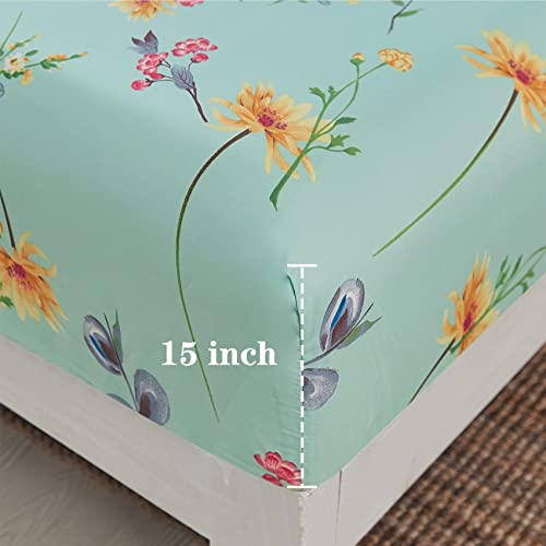 Image of JSD Green Floral Printed Queen Sheet Set Extra Deep Pocket | 4 Piece Soft Botanical Microfiber Sheets, OEKO-TEX Certified, Easy Care