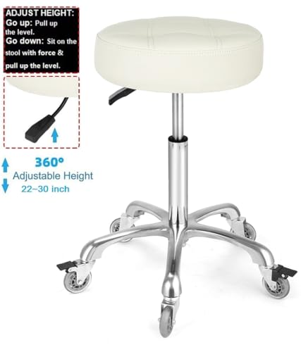 Image of Adjustable Heavy Duty Stool - Rolling Stools with Locking Caster Wheels - Swivel Stools Backless Chair for Home Kitchen Office Shop Tattoo Lash Tech Pedicure(Off White, Height 22 to 30 in)
