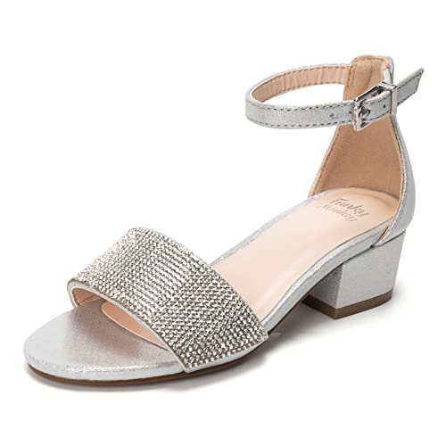 Image of FUNKYMONKEY Girls Low Heels Sandals Open Toes with Ankle Strap Rhinestone Dress Shoes for Kids