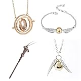 EXPGDC 4PCS Necklace Bracelet Set Magic Theme Golden Necklace Time Turner Magic Wand Wings Design Pendants for Women's, Men, Girls, Boys, Unisex Jewelry Gift Set