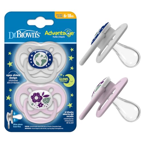 Image of Dr. Brown's Advantage Glow-in-the-Dark Baby Pacifier, Fully Symmetrical Soother with Soft Silicone Bulb, Purple Nature, 6-18m, BPA Free, 2 Pack