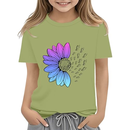 Girls Summer Tops Fashion 2025 Short Sleeve Tshirts Shirts Sunflower Pattern Crew Neck T Shirts Kids Girls Loose Tops