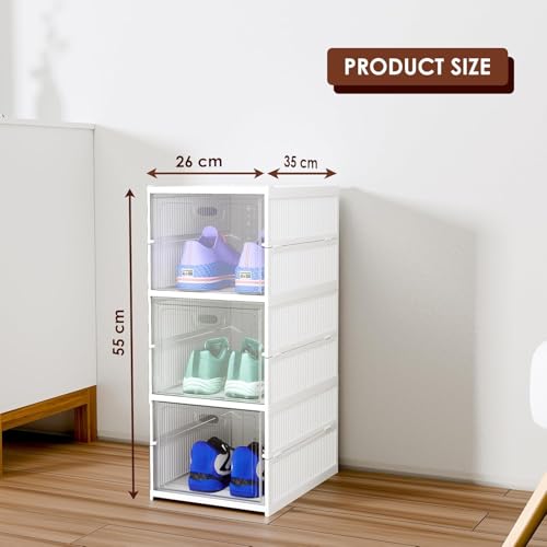 Image of Qshare Sneaker Shoe Rack Box llapsible Shoe Organiser With Door-Foldable Sneaker Crates Footwear Organiser For Men, Women, Heels, Boots, Loafers, Sneakers, Slippers - Plastic (White, 3)