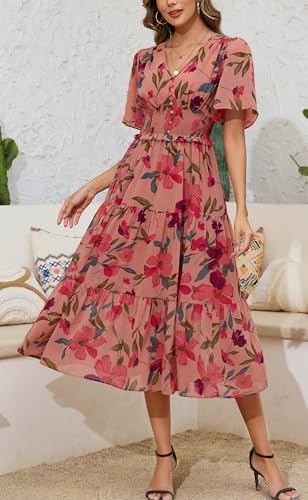 Kormei Women's V Neck Short Sleeve Boho Smocked Long Flowy Summer Dress Wedding Guest Engagement Dresses2