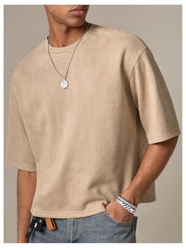 GORGLITTER Men's Cropped T Shirt Boxy Crop Tees Top Number Graphic Short Sleeve Crewneck Faux Suede Shirts Streetwear2